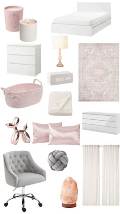 a collage of white and pink bedroom furniture, bedding, pillows, rugs, lamps, curtains