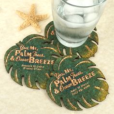 Make choosing your wedding favors a “breeze”! Our Personalized Palm Leaf Cork Coasters add a tropical touch to any celebration!Each beautiful coaster (4”w x 4”h) is crafted from durable, 100% renewable, all natural cork. Since these cork coasters are all natural, they can vary in color and thickness. They can be tailored to fit any event with personalized text. Your guests will love the functionality of these truly sustainable coaster favors and will remember you a Wedding Favors Coasters, Wedding Coasters Favors, Trendy Wedding Favors, Creative Wedding Favors, Hawaiian Party Decorations, Inexpensive Wedding Favors, Wedding Favors Cheap, Wedding Welcome Bags