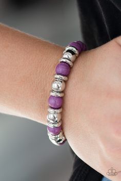 A collection of silver accents and vivacious purple stones are threaded along a stretchy band for a seasonal look.

 Sold as one individual bracelet. Purple Bracelets, Paparazzi Accessories Jewelry, Purple Bracelet, Trendy Fashion Jewelry, Purple Agate, Silver Bead Bracelet, Box Accessories, Paparazzi Accessories, Purple Stones