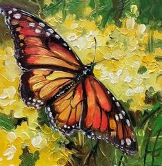 a painting of a butterfly on yellow flowers