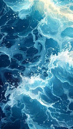 an abstract painting of blue water with white bubbles on the top and bottom part of it