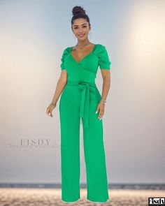 Fisdy - Elegant and Trendy Solid Color Short Sleeve Jumpsuit with a Sassy Collar Collared Jumpsuit, Short Sleeve Jumpsuit, Collar Jumpsuit, Collared Greens, Green Jumpsuit, Short Sleeve Jumpsuits, Jumpsuit With Sleeves, Color Shorts, Olivia Mark