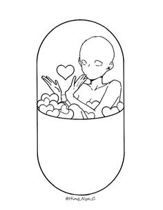 a drawing of a person in a jar filled with fruit and vegetables, surrounded by hearts