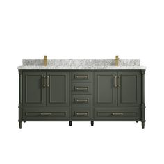 a bathroom vanity with two sinks and marble top