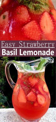 easy strawberry basil lemonade recipe in a pitcher