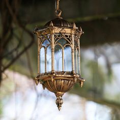 an old fashioned light fixture hanging from a tree