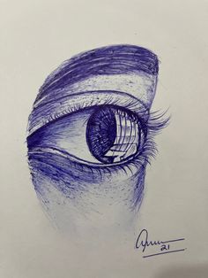 a drawing of an eye with long lashes and blue eyeshade, drawn in pencil