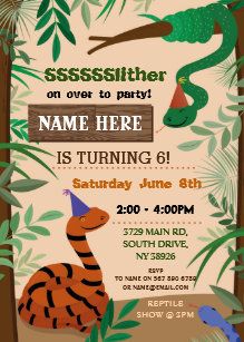 an animal themed birthday party with jungle animals and trees in the background, including a name here is turning 6