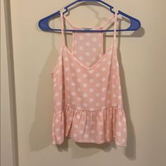 This Tank Top Is New Without Tags Size Small And Super Cute. Very Light And Breathable!(Cl) Sleeveless Polka Dot Tops For Vacation, Cute Polka Dot Top For Spring, Cute Spring Polka Dot Tops, Cute Polka Dot Sleeveless Top, Feminine Polka Dot Tops For Summer, Pink Peplum Top, Peplum Top, Pink White, Polka Dot