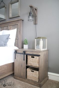 a bed room with a neatly made bed and two baskets on the nightstands next to it