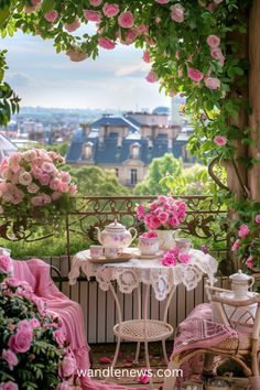 a table with pink flowers on top of it