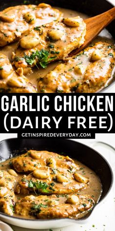 garlic chicken dairy free in a skillet with a wooden spoon