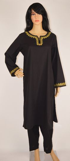 A chic, straight-cut shirt embellished with elegant gold embroidery on the sleeves, neckline, and a single motif on the back. The full-length sleeves, coupled with a stylish round V-dip neckline and tasteful tassel details, add a touch of sophistication to the ensemble. Size: 14 Elegant Kurta With Gold Embroidery For Eid, Long Sleeve Kurta For Evening And Eid, Elegant Gold Embroidered Kurta For Eid, Gold Dresses With Resham Embroidery And Long Sleeves, Elegant Straight Kurta Tunic For Eid, Elegant Party Kurta With Gold Embroidery, Fitted Long Sleeve Kurta For Evening, Elegant Long Sleeve Tunic For Party, Formal Straight Kurta With Embroidered Border