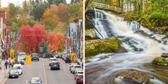 two pictures side by side with cars driving on the road and waterfall in the middle