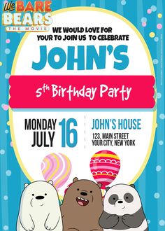 a birthday party flyer with three bears on the front and one bear on the back