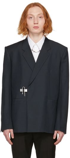 Givenchy: Navy Wool & Mohair Padlock Blazer | SSENSE Givenchy Clothing, Night Blue, Accessories For Men, Lapel Collar, Luxury Streetwear, Welt Pocket, Welt Pockets, Givenchy, Women's Blazer