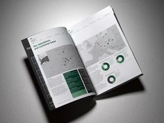 an open brochure is shown on a gray surface with green and white graphics