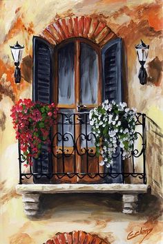 a painting of an open window with flowers on the ledge and shutters in front