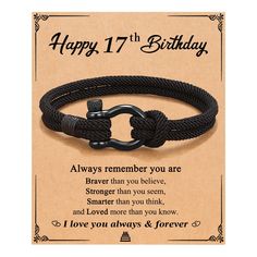 a black rope bracelet with an anchor clasp on it and the words happy 17th birthday