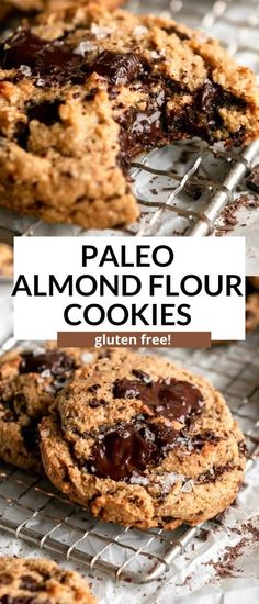 chocolate chip cookies cooling on a rack with text overlay that reads paleo almond flour cookies