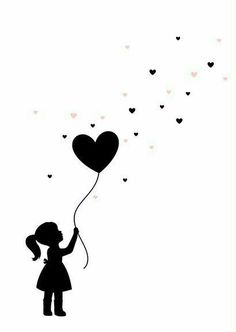 a girl holding a heart shaped balloon with hearts flying around her, on a white background