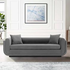 a living room with a gray couch and white walls