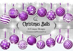 christmas balls are hanging from the ceiling with purple and white ornaments on them, in front of