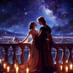 two people standing on a balcony looking at the night sky