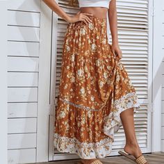 Elegant Floral Print Lining Skirts for Women Summer Skirt New Boho Lace-up Elastic Waist Cotton Swing Maxi Skirt Bohemian High Waist Lined Maxi Skirt, Bohemian High Waist Skirt For Beach, High Waist Flowy Bohemian Skirt, Bohemian High Waist Non-stretch Maxi Skirt, Summer Brown Ruffled Maxi Skirt, Bohemian Brown Mini Skirt For Spring, High Waist Bohemian Maxi Skirt, Non-stretch Bohemian High Waist Skirt, Non-stretch High Waist Bohemian Skirt