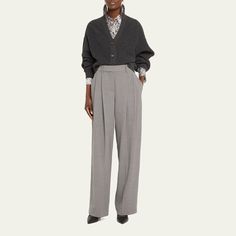 Brunello Cucinelli Panama wool pants with pleated front Full length Side slip pockets; back besom pockets High rise Straight legs Tab/zip fly; belt loops Virgin wool/cotton Acetate/polyester lining Made in Italy Modern Semi-formal Bottoms For Fall, Timeless Fall Trousers, Timeless Fall Workwear Bottoms, Timeless Trousers For Fall, Timeless High-waisted Dress Pants For Fall, Semi-formal Fall Wide-leg Pants, Semi-formal Wide-leg Pants For Fall, Fall Business Wide-leg Pants, Timeless High-waisted Fall Pants