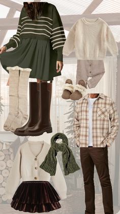 a collage of clothes and accessories including boots, sweaters, dress, socks