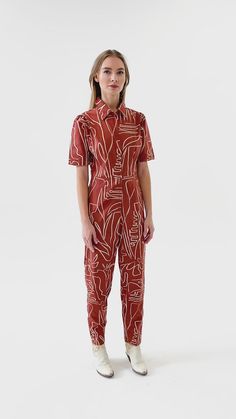 Kami Jumpsuit | BEL KAZAN | Mocha Rye Printed Cotton Poplin Jumpsuit Handmade in Bali Fitted Graphic Print Jumpsuits And Rompers For Summer, Fitted Printed Patterned Jumpsuits And Rompers, Printed Fitted Jumpsuits And Rompers For Work, Vintage Silhouette, Kazan, Bold Prints, Rye, Fabric Scraps, Cotton Poplin