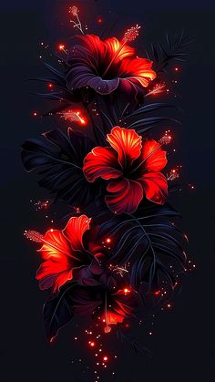 red flowers and leaves on a black background