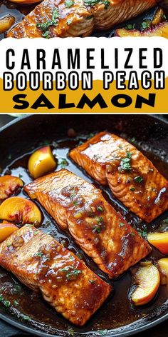 Craving something special? Try this Caramelized Bourbon Peach Salmon! 🍑🐟 It’s sweet, tangy, and packed with bold flavors from caramelized peaches and a bourbon glaze. Serve it with a side of greens for a complete meal. 🥗✨ #SalmonRecipes #SummerMeals #FlavorfulFood Bourbon Peach Sauce, Caramelized Peaches, Peach Sauce, Bourbon Sauce, Bourbon Glaze, Peach Salmon, Peach Slices, Baked Fish, Quick Weeknight Meals