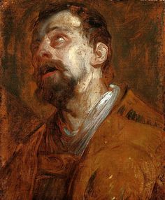 a close up of a painting of a man with a beard and wearing a brown jacket