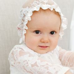 Girls Lace Bonnet - Victoria Collection – Baby Beau and Belle Cream Ruffled Lace Dress For Baptism, Cream Lace Ruffle Dress For Baptism, Cream Lace Dress With Ruffles, Elegant Cream Lace Dress With Ruffles, Elegant Lace Trim Dress For Ceremony, Elegant Cream Lace Dress With Lace Trim, White Lace Trim Formal Dress, Fitted Scalloped Lace For Ceremony, Fitted White Lace Dress With Lace Collar