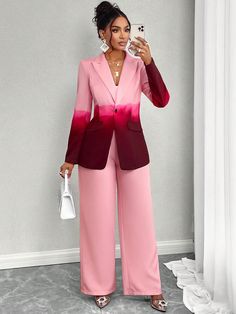 Rosa Elegante Collar   Color combinado,Estampado Integral  Embellished No-Elástico Shein Suits For Women, Plus Size Pants Suits For Women, Classy Pantsuits For Women, Light Pink And White Outfit, Women Suit Outfits Business, Cute Suits For Women, Pants Suits For Women Chic, Blazer And Pants Outfit, Business Suits Women