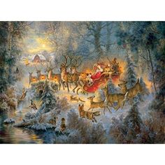 a painting of santa's sleigh and reindeers flying over a snowy forest