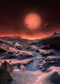 an artist's rendering of two planets in the sky, with snow and rocks