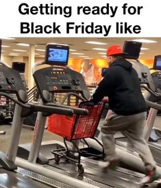 a man is running on a treadmill in a gym with the words getting ready for black friday like