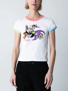 Short Sleeve Ribbed Crew Neck Regular Fit Shrink Free Washed for a Soft Feel 95% Cotton, 5% Spandex Imported Dumbgood Exclusive  Officially Licensed Powerpuff Girls Merchandise Ringer Tee, Powerpuff Girls, Baby Tee, Infant Tees, Apparel Accessories, Size Chart, Sleeve Length, Crew Neck, Spandex