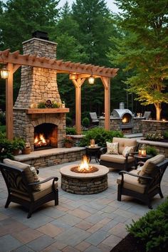 an outdoor patio with seating and fire pit