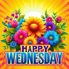 happy wednesday greeting card with colorful flowers and sunburst in the background on an orange background