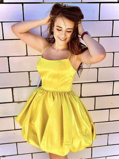 Princess Yellow Satin Short Prom Dresses, Yellow Homecoming Dresses, Short Formal Graduation Evening Dresses SP2430 Yellow Homecoming Dress, Yellow Homecoming Dresses, Simple Homecoming Dresses, Cocktail Dress Yellow, Homecoming Dress Short, Satin Homecoming Dress, Prom Dresses Yellow, White Evening Dress, Yellow Satin