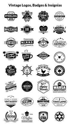 vintage logos, badges and insignias are displayed in this graphic design pack for the company