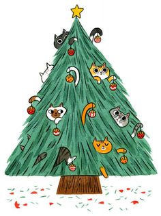 a drawing of a christmas tree with cats and other animals on it's top