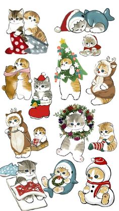 a bunch of cats with christmas decorations on them