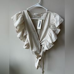 Wrap Shirt With Functional Tie. Smoke Free Home. Nwt Cream Short Sleeve Tops For Brunch, Neutral Cotton Top For Brunch, Neutral Spring Shirt For Day Out, Casual Neutral Tops For Brunch, Neutral Cotton Top For Day Out, Cream Linen Summer Tops, Linen Short Sleeve Tops For Brunch, Wrap Shirt, Art Fashion