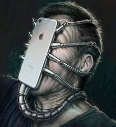 a drawing of a man with an apple phone strapped to his face