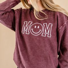 Maroon Corded Sweatshirt - Embroidered - Mom - (Smile) – Little Mama Shirt Shop LLC Trendy Stretch Cotton Sweatshirt, Oversized Embroidered Sweatshirt For Loungewear, Relaxed Cotton Tops With Cozy Fit, Cozy Fit Comfortable Cotton Tops, Comfy Cotton Everyday Tops, Comfy Everyday Cotton Tops, Comfy Cotton Tops For Everyday, Comfortable Cotton Tops With Cozy Fit, Comfy Cotton Tops With Cozy Fit